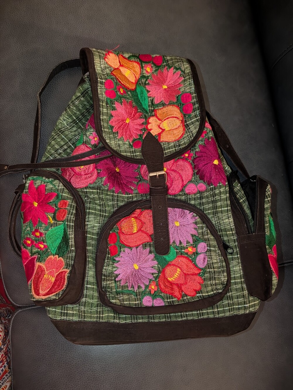 Embroidered Floral Green Backpack Tote